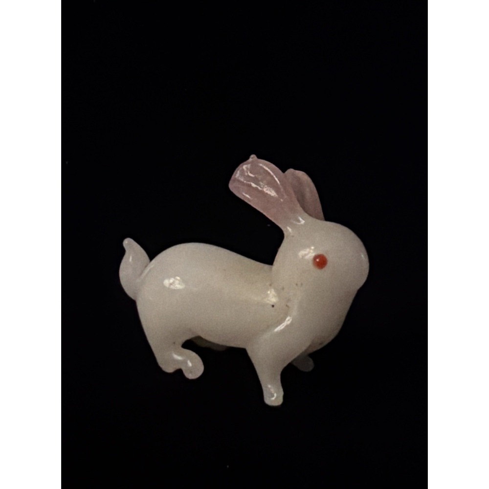 Chinese Pink & White Glass Vtg Art Deco Oriental Rabbit Figurine Miniature Reed